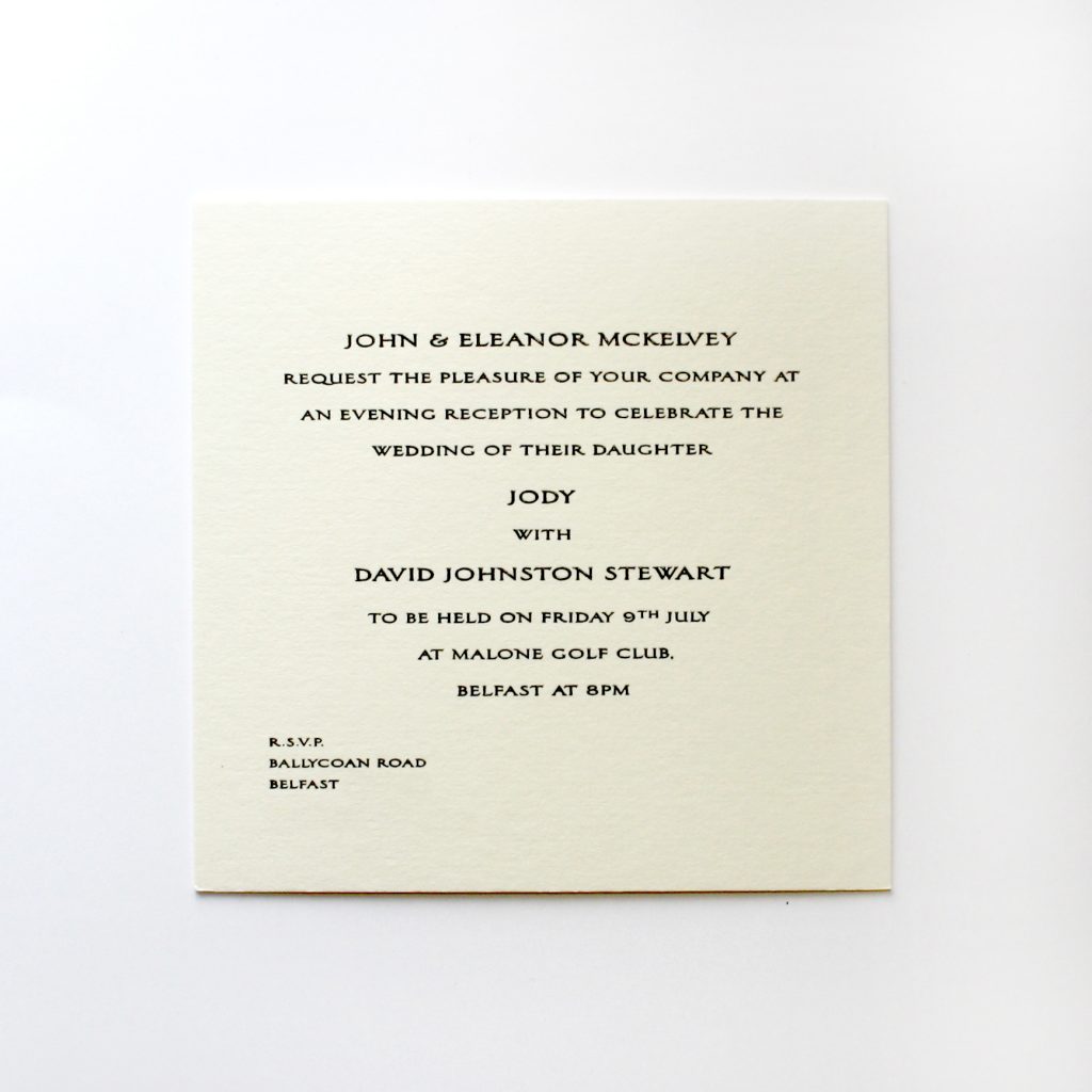 Square wedding reception invitation, thermographed in black ink.